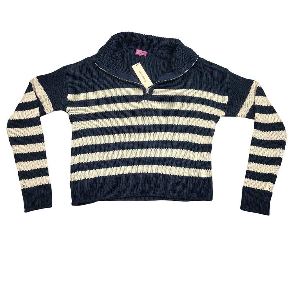 Mi Ami Francesca's Sweater Women Small Navy Striped‎ Quarter Zip Cotton Acrylic